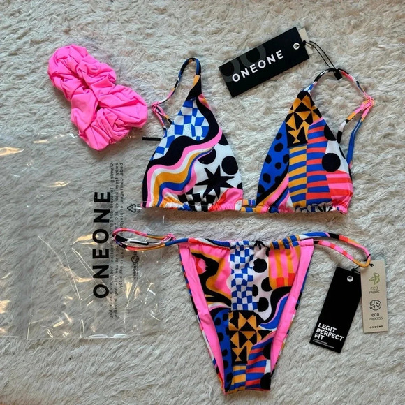 NWT OneOne Swimwear SET Bikini Gigi Anaheim New Pink Cheeky 90s Retro Sexy Rare - Picture 5 of 16
